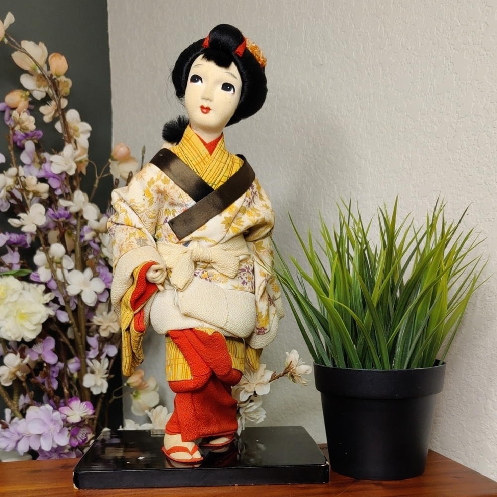 Charming Geisha Doll in Floral Kimono